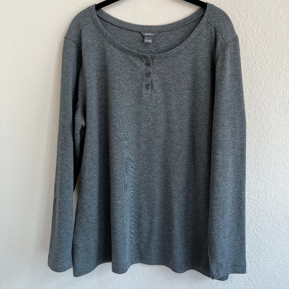 Eddie Bauer Women's Grey Waffle Knit Henley Tee Long Sleeve, 2XL